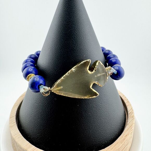 Vintage Lapis Lazuli Bead Arrowhead Clear Quartz Bracelet Stretch Retro - Picture 2 of 6